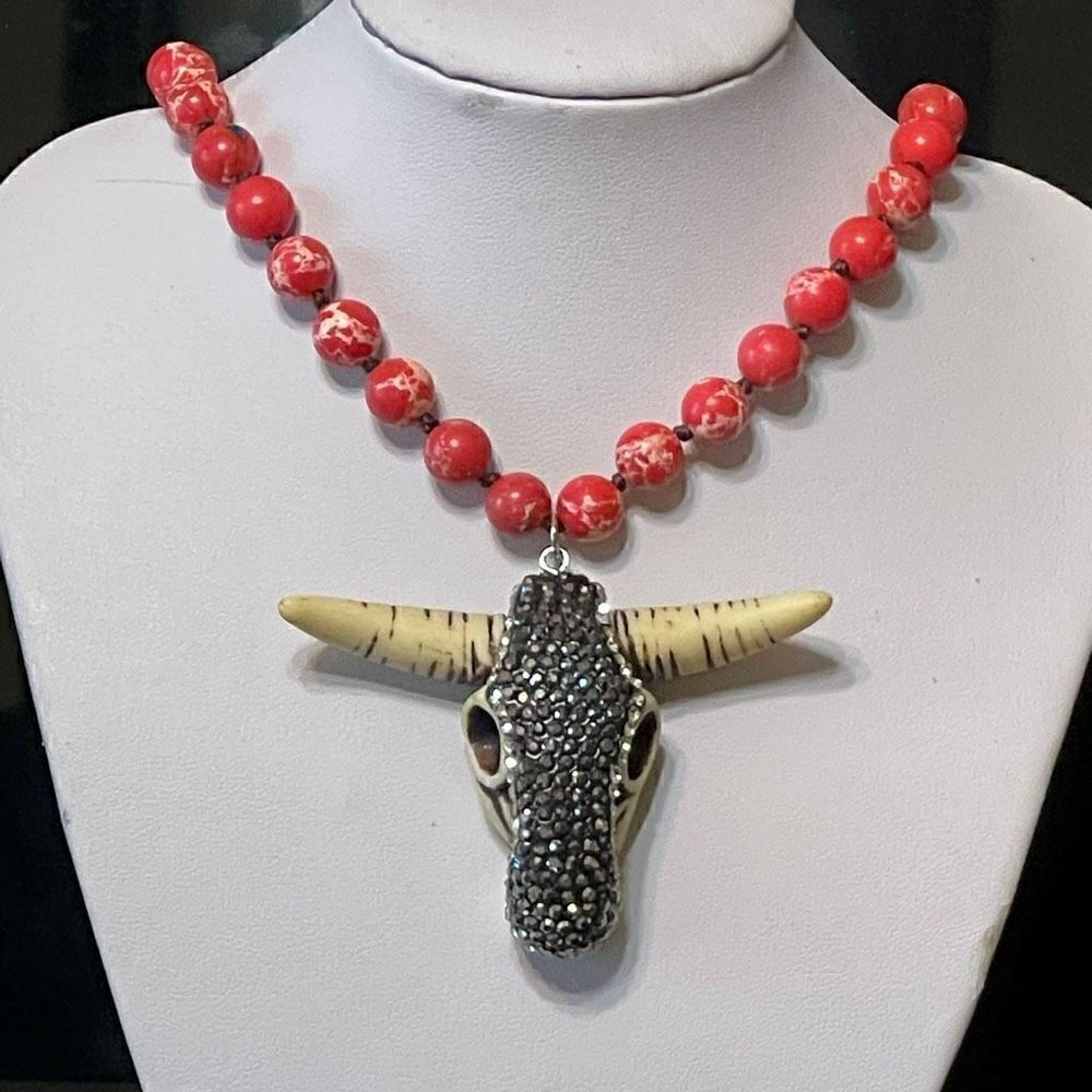 Brand New Womens Boho Western Cow Skull Long Knotted Red Stone Beaded Necklace